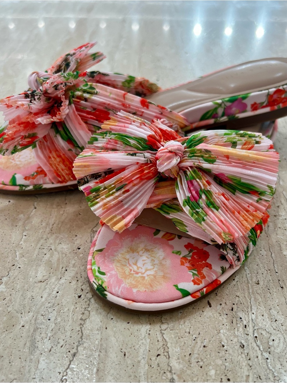 Kelly & Katie Pink Floral Pleated Bow Slide Sandals